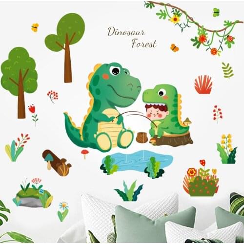 Cartoon Dinosaur Forest Wall Sticker Plants Flowers Decorative Decals Self Adhesive Kids Living Room Bedroom Wallpaper