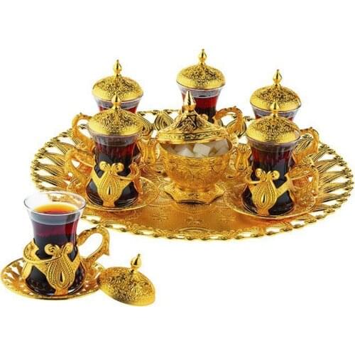 Set Of 6 Tea Glasses with Holders Saucers Tray Sugar Bowl Gold Silver Arabic Turkish Greek Tea Authentic New Home Wedding Gift