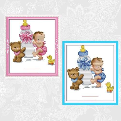 Cross Stitch Kits Cartoon Pattern Bottle Babys Birth Commemorate Printed Canvas DMC Embroidery Sets DIY Cross-stitch Needlework