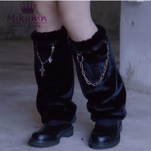 Harajuku Punk Black Plush Cross Chain Leg Warm Socks Women Winter Warmer Foot Cover Streetwear
