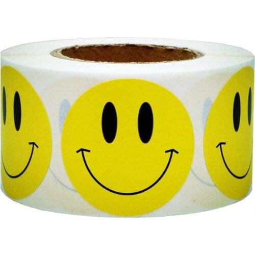 2021 New Trend 2" Yellow Smiley Face Happy Stickers Teacher Labels Self-Adhesive For Cloth Bags Bathroom Baby Diary Decoration