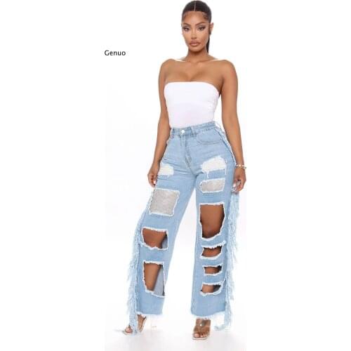 Hollow Out Denim Pants Sequns Splicing Ripped Jeans for Women Hole Women Retro Tassel Side Jeans Straight Trousers