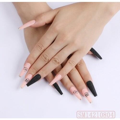 24pcs Black Nail Patch Glue Type Removable Long Paragraph Fashion Manicure Save Time False Nail Patch Nail Sticker