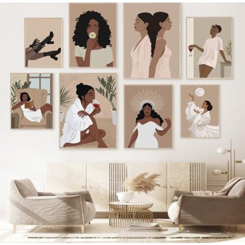 Red Wine Stylish White Bathrobe Black Girl Wall Art Canvas Painting Nordic Posters And Prints Wall Picture For Living Room Decor