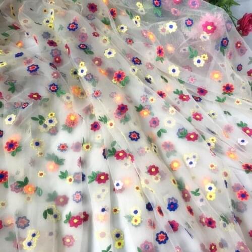 1meter 130cm White translucent soft cotton colors embroidery small flower mesh lace fabric diy fashion costume dress fabric
