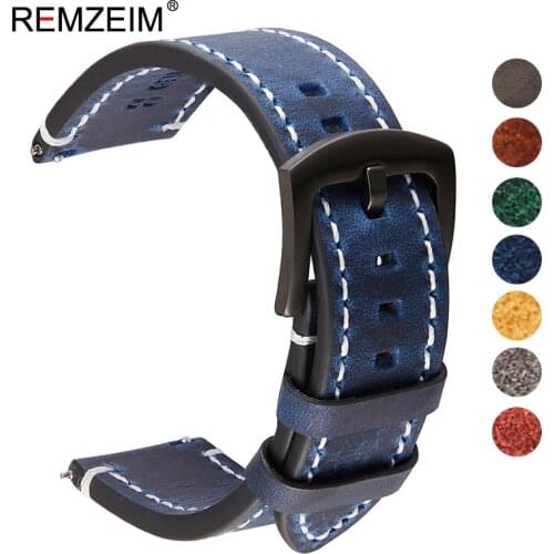 REMZEIM Watch Accessories Watch Strap 18mm 20mm 22mm 24mm Vintage Cow Leather Watch Band Blue Green Brown Black Watchband