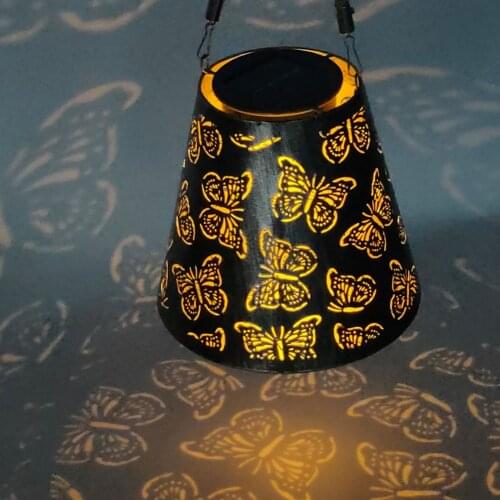 Outdoor Hanging Garden Light Metal Pattern Lights Decor Metal Hollow Lantern Solar Garden Hanging Butterfly Flower