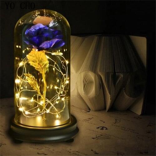 YO CHO Gold Foil Eternal Flower Rose In Flask Wedding Decoration Artificial Flowers In Glass Cover For Valentines Day Gift Rose