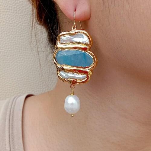 YYGEM gold Filled Natural Cultured White Biwa Freshwater Pearl Blue Jade Pave White Rice Pearl Drop Hook Earrings for women
