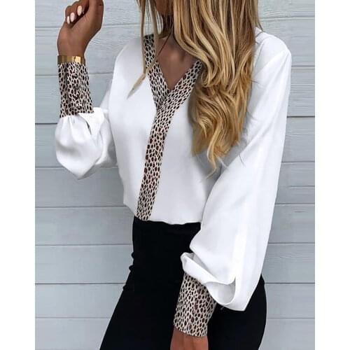 2021 Women Plus Size Leopard Print Long Lantern Sleeve Shirt