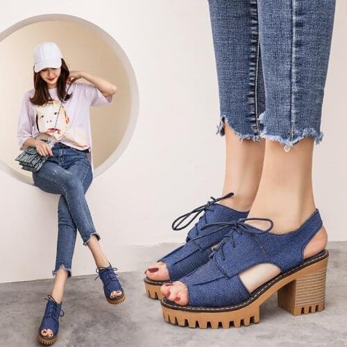 YQBTDL Blue Black Lace Up Denim Chunky Heels Women Sandals Peep Toe Platform Shoes Summer Block High Heel Pink Rome Sandal 2020