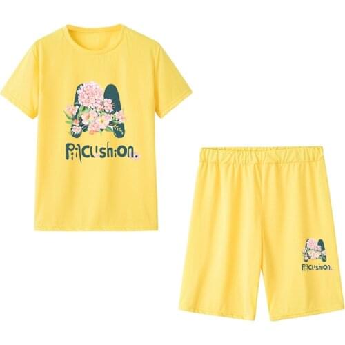 2021 New 2 Piece Women T-Shirts+Shorts Sets Floral Letter Print Summer Short Sleeve Tops Solid High Waist Female Clothes Sets