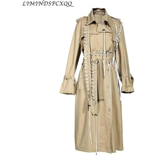 Women Trench Coat Drawstring Bandage Long Trench Coats Patchwork Irregular Khaki Long Overcoat Autumn Winter 2020 Gothic Coat