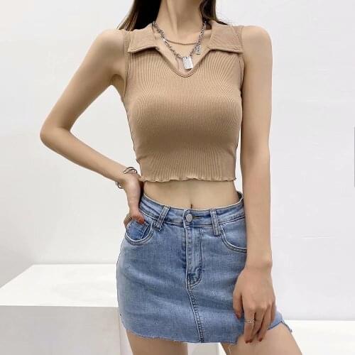 Summer new European and American style womens fashion solid color turn V collar wood ear vest top DLSY1767