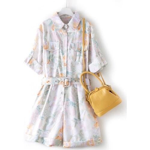 Women Rompers 2021 Summer Chiffon Cargo Pants Casual Loose Short Sleevel Jumpsuit Belt Pocket Short Pants Wide Leg Jumpsuit