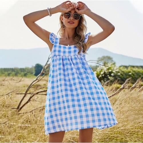 Summer Dress Womens Clothing 2021 Robe Femme Plaid Print Dresses Square Collar Sleeveless Y2K Dress For Woman Vestido De Mujer