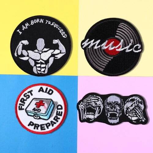 1PCS Music CD Cartoon Embroidery Patches Iron On Circular fitness sign Badges Sewing Ocean Punk Three skeletons Stickers