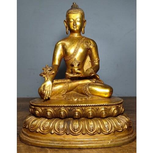 11"Tibet Buddhism Temple Old Bronze Gilt Medicine Buddha Shakyamuni statue Double Lotus Terrace Enshrine the Buddha