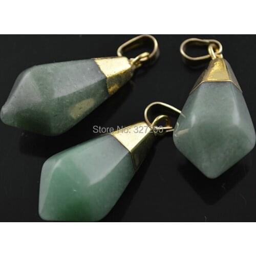 2015 New Hexagon Shape Natural Green Aventurine Stone Pendant With Gold Color Top Jewelry For Man and Women Jewelry 10pc/lot