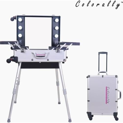 2016 New Silver Lighted Makeup Case with Legs Trolley Professional cosmetic Box with Removerable Wheels