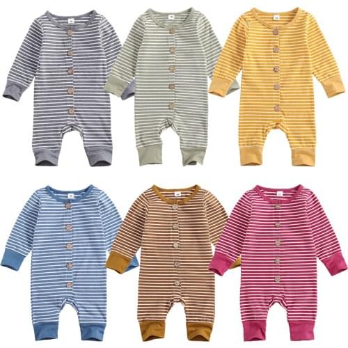 2020 Autumn Newborn Baby Girls Boys Clothes Toddler Long Sleeve Single-breasted Striped Bodysuit Infant O-neck Jumpsuits 0-12M