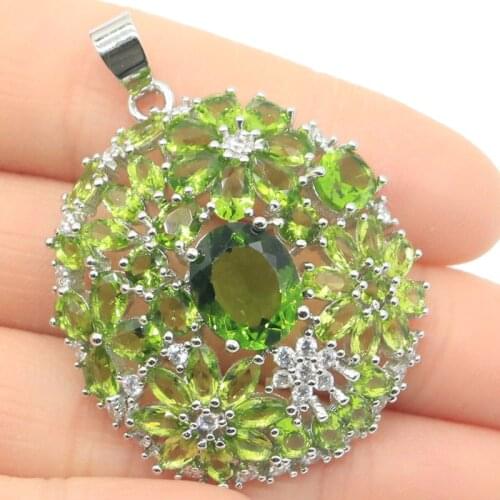 46x35mm Elegant Created Flowers Shape Green Peridot White CZ Womans Jewelry Making Silver Pendant