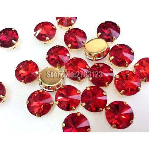 Free shipping Gold bottom red round flatback Glass Crystal sew on claw stones,satellite shape loose rhinestones 20pcs/bag