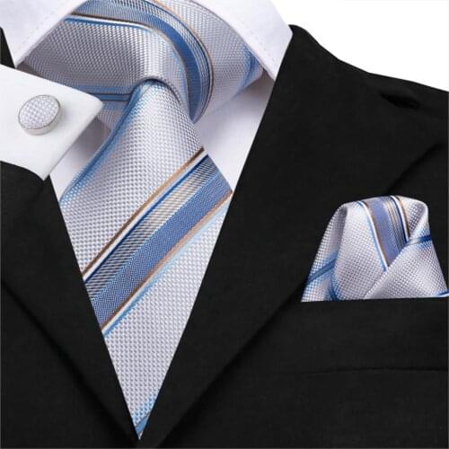 C-3116 Hi-Tie Silk Men Tie White Blue Striped Necktie Hanky Cufflinks Set Fashion Mens Classic Party Wedding Tie Set 8.5cm