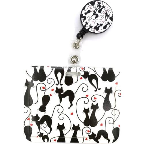 Black Cats Paws Cute Card Cover Clip Lanyard Retractable Student Nurse Badge Reel Clip Cartoon ID Card Badge Holder accessories
