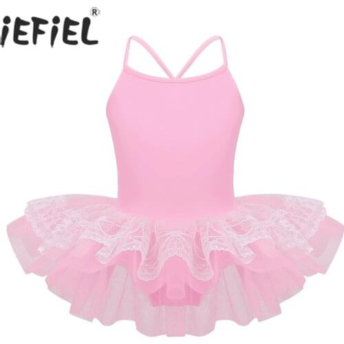 Kids Girls Ballet Dance Class Dress Spaghetti Shoulder Straps Layered Lace Ballet Dance Gymnastics Leotard Girls Ballerina Dress