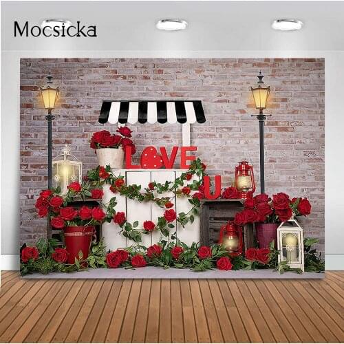 Red Rose Flowers Valentines Day Stand Backdrop Love heart Brick Wall Photo Background Candle light Decor Newborn Kids Portrait