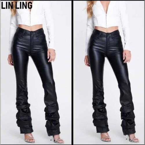 LINLING Classic Stacked Pants Solid Color High Waist Button Pocket Decoration Fashion Versatile Pile of Leather Pants