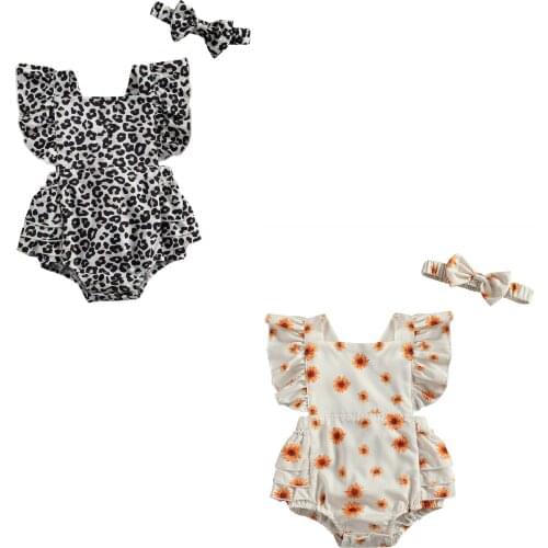 2021 Newborn Baby Girls' 2Pcs Outfit Set Ruffled Sleeve Square Neck Backless Leopard/Floral Bodysuit + Headband 0-24M Clothes
