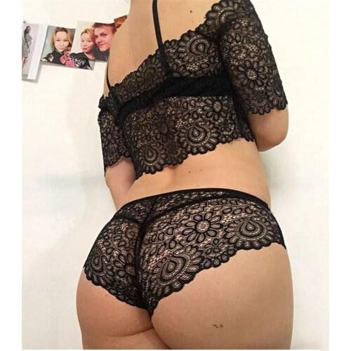 2020 Newest Trendy Womens Solid Short Sleeve Lace Sexy Exotic Sets Lingerie G-string Underwear Set See Through Short Sleeve