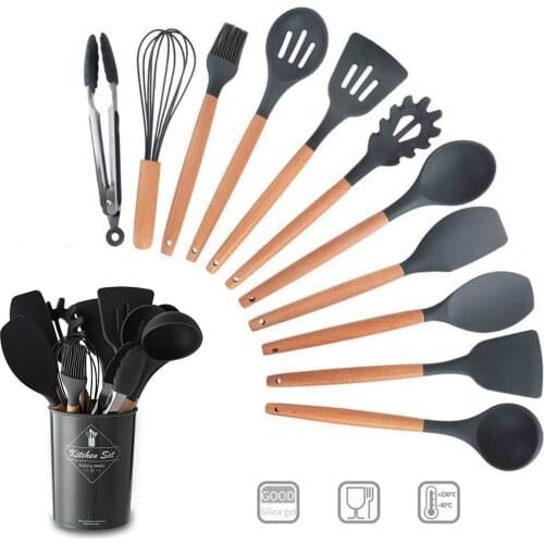 Kitchen Utensils Set 11pcs Kitchen Cooking Utensils Sets With Holder Wood Handle Silicone Non-Stick Heat-Resistant Cookware