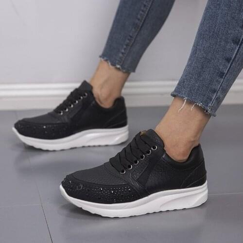 2020 Autumn Women Chunky Sneakers Leather Lace Up Sports Shoes Shiny Rhinestone Shoes Woman Plus Size Walking Shoes Womens
