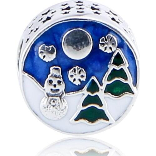 Authentic S925 DIY Jewelry Bead fit Lady Bracelet Bangle Snowy Wonderland Blue & Green Enamel Charms