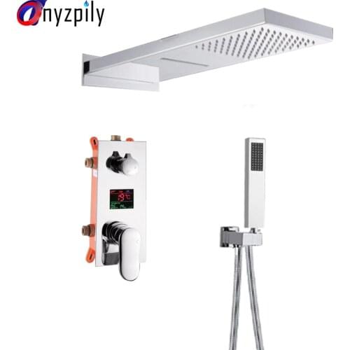 Luxury Rain Waterfall Shower Faucet Set Bathtub LCD Digital Display Shower Mixer Tap With Handshower Bath Shower System Kit