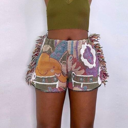 Printed Casual Shorts Women Fashion Indie Folk Style Side Tassel Patchwork Skinny Wild Bicker Shorts Elastic Outfits