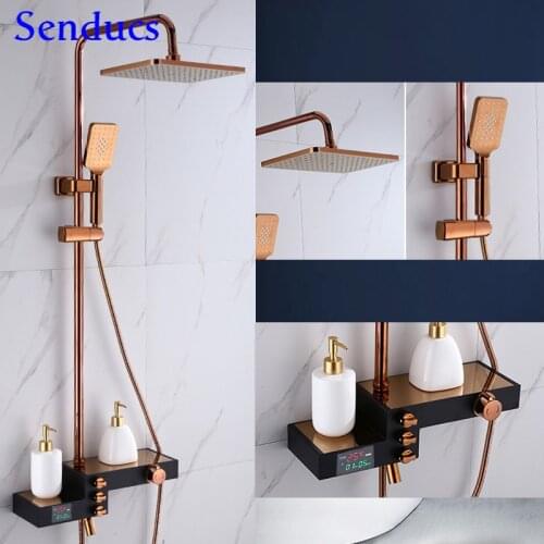 Thermostatic Shower Set Rose Gold Bathroom Digital Shower System 38 Temperature Bath Shower Faucet Rainfall Bath Shower Sets
