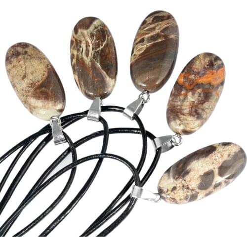 TUMBEELLUWA Oval Crazy Lace Onyx Pendant Healing Reiki Leather Cord Necklace for Unisex