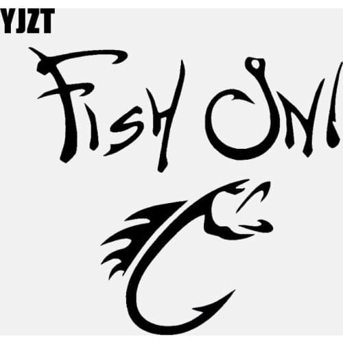 YJZT 15.1CM*13.8CM Fish On With Fishing Hook Decal Bait Tackle Redfish Bass Vinyl Decal Car Sticker Black/Silver C24-0610