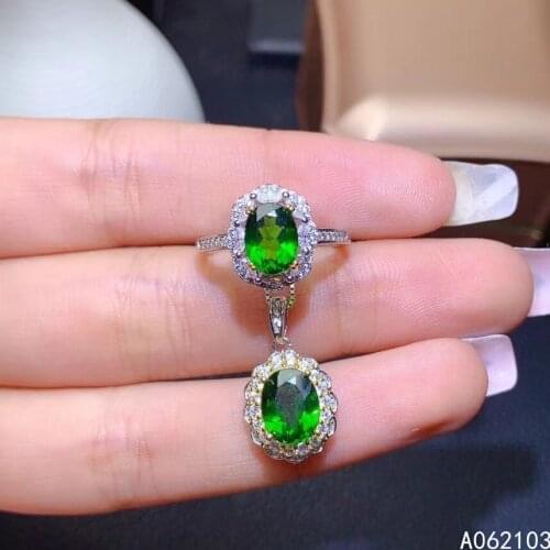 KJJEAXCMY fine jewelry 925 sterling silver inlaid natural diopside Womens beautiful and fresh two color gem ring pendant set su