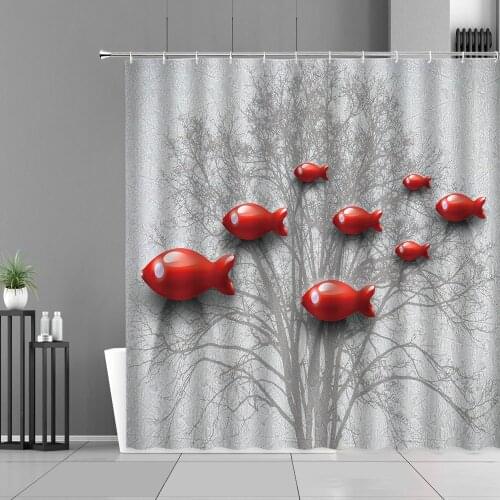 3D Red Fish Tree Plant Printed Shower Curtains Forest Deer Elk Scenery Bathroom Curtain Nordic Style Home Decor Waterproof Cloth