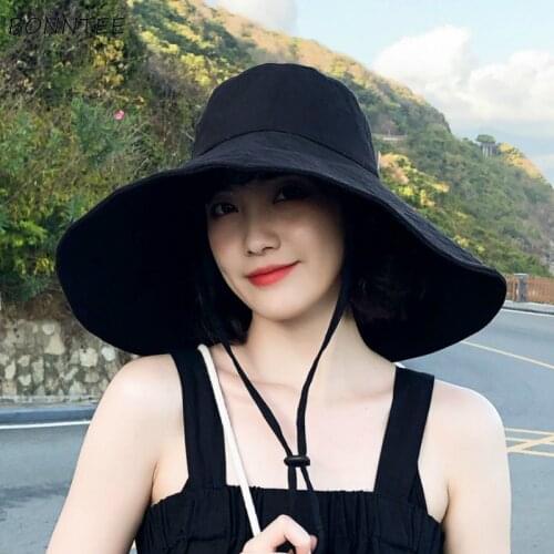Hats Women Bucket Big Shade Sun-protection Drawstring Female Vacation Caps Leisure Fashion Fisherman Lady All-match Simple Daily