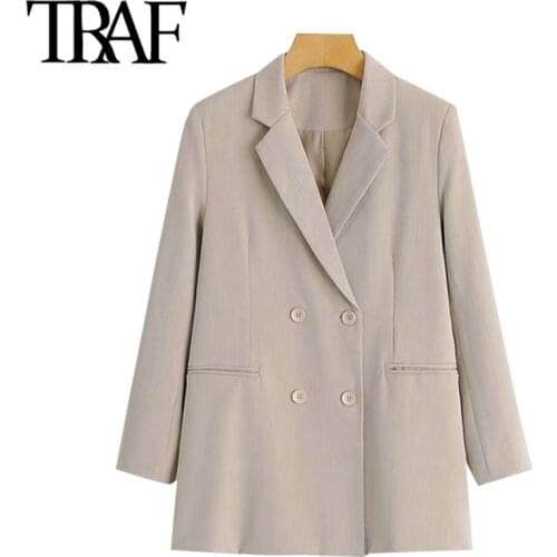 TRAF Women Fashion Office Wear Double Breasted Blazers Coat Vintage Long Sleeve Pockets Female Outerwear Chic Tops