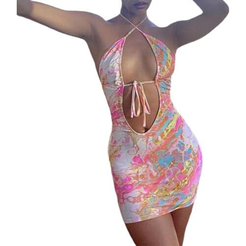 2021 New Women Sexy Hollow Out Dress Halter Neck Sleeveless Irregular Printed Pattern S/ M/ L