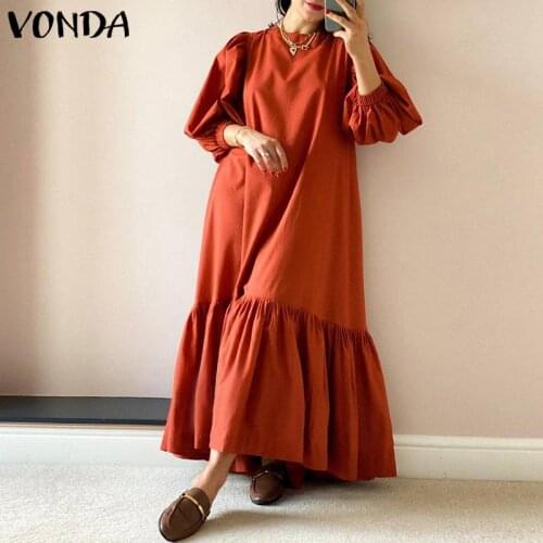 Women Solid Dress VONDA Bohemian Vestido Casual O Neck Puff Sleeve Pleated Long Maxi Dresses Oversized Fashion Ruffled Hem Robe
