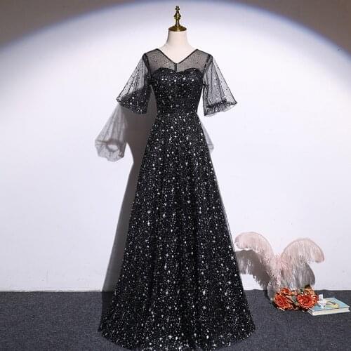 Evening Dress V-Neck Elegant Zipper Back Sequins Simple A-Line Short Sleeves New Floor-Length Party Formal Dresses Woman B1055