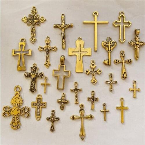 25Pcs/Bag Ancient Gold Mixed Batch Religious Cross Pendant Charms Connector Alloy Jesus Bracelet Necklace Jewelry Accessories